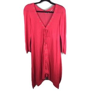Soft Surroundings Deep V-Neck Lace Up Handkerchief Hem Red Tunic Size XS
